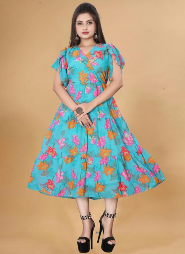 Georgette Sky Blue Casual Wear Printed Readymade Gown